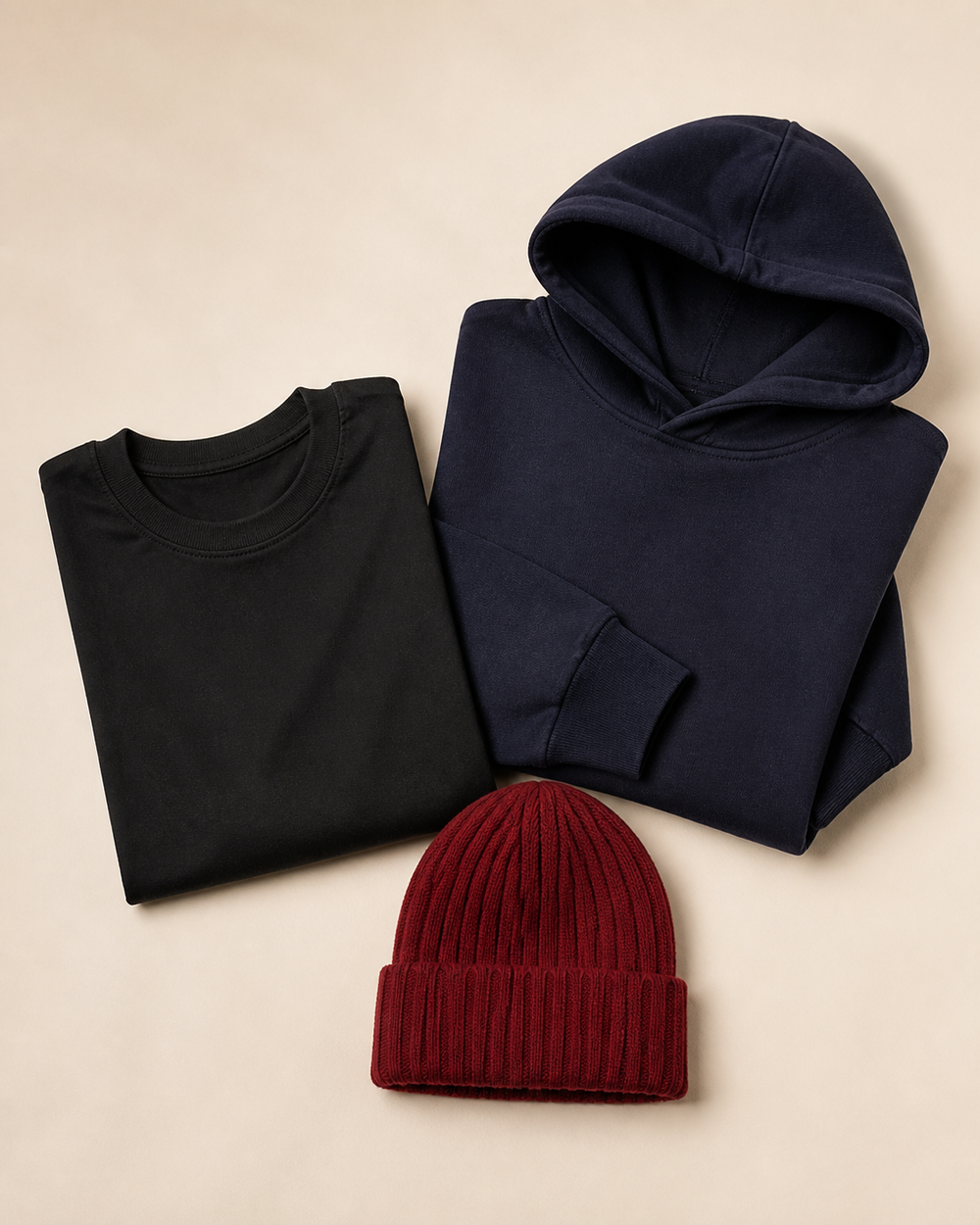 Lake Kit tee, hoodie and toque arranged together