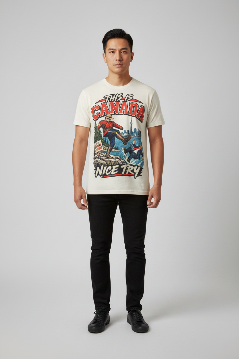 Cream | Model wearing the This is Canada graphic tee, front view.