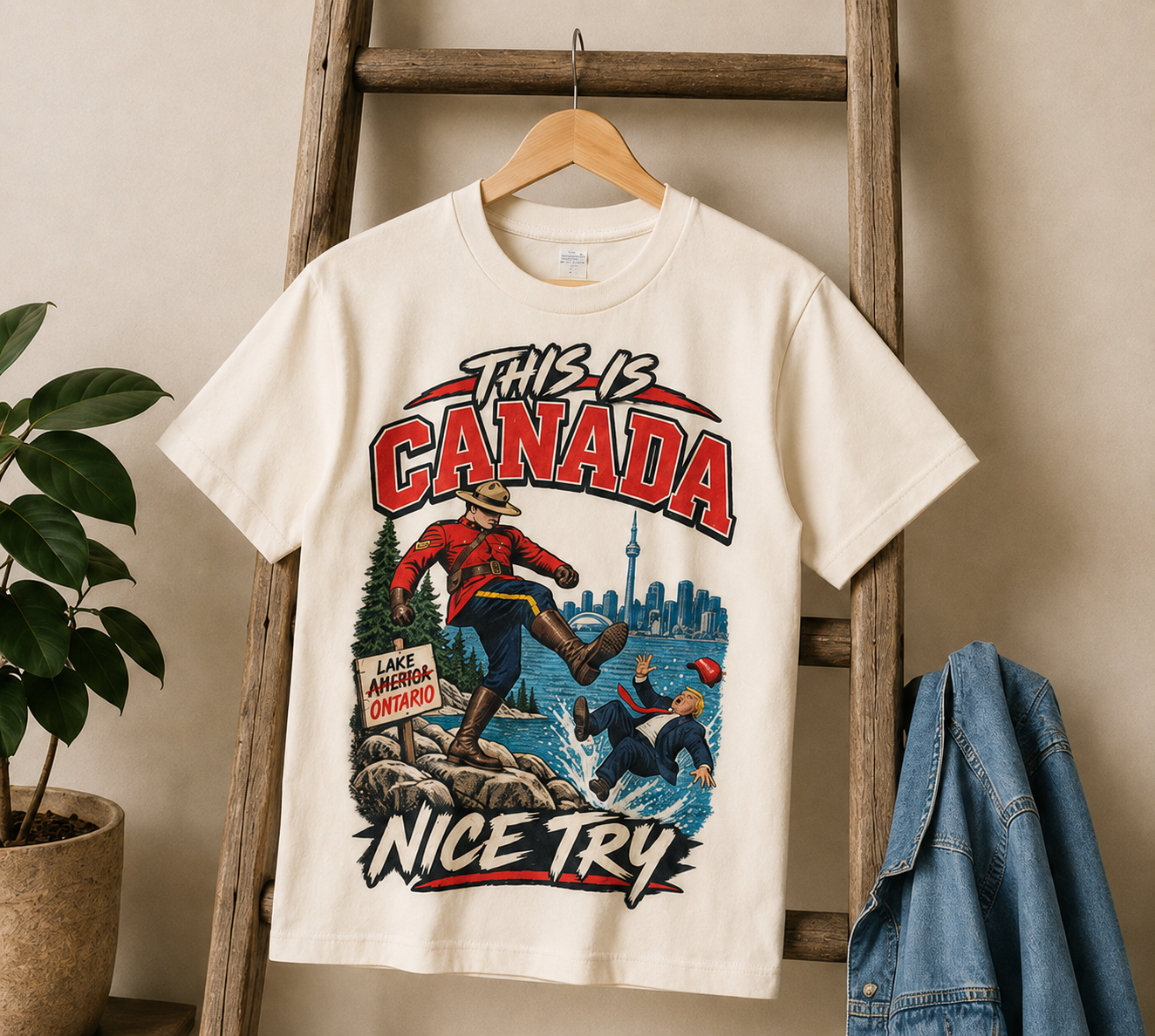 Cream | This is Canada graphic tee hanging beside denim, front view.