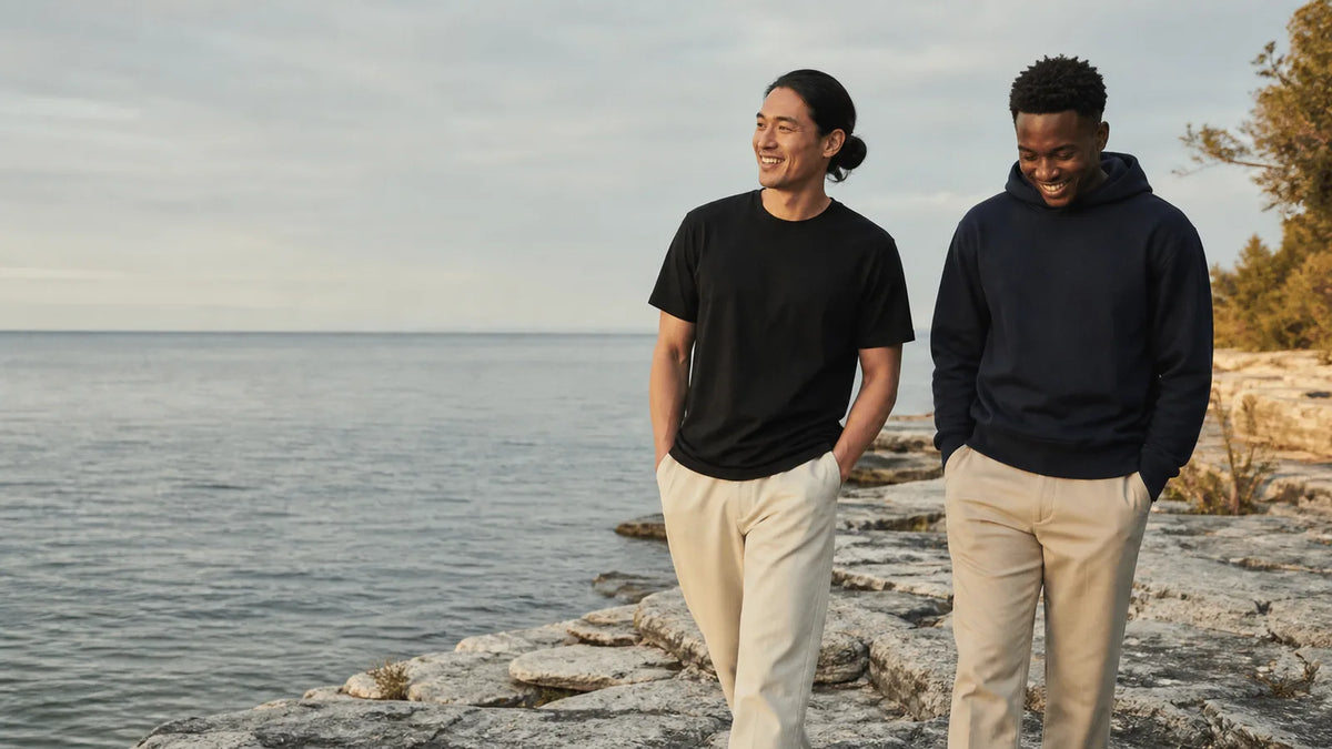 Lake Ontario campaign group wearing Canadian-made layers by the water