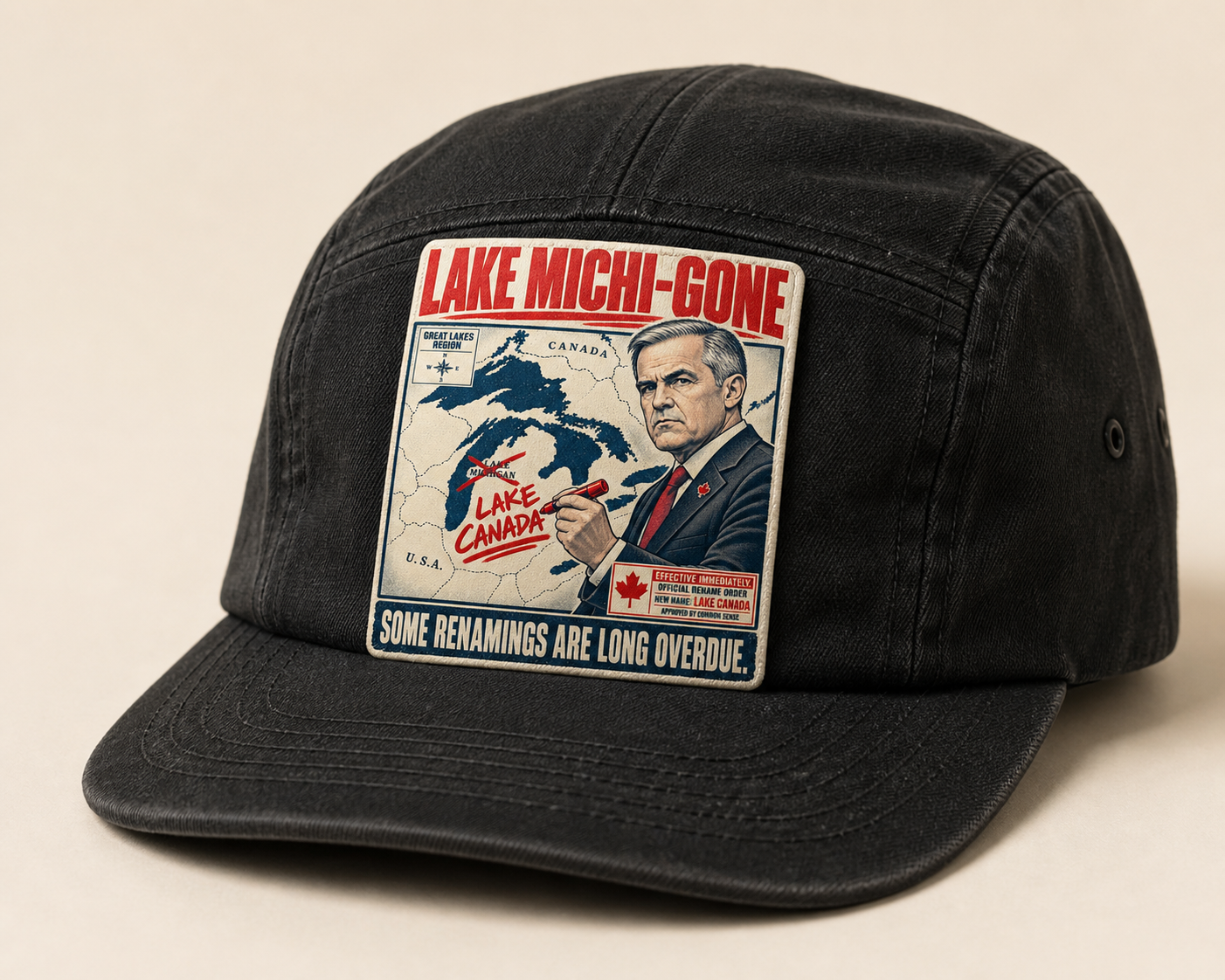 Lake Michi-gone artwork on a coal hat with a woven front patch.