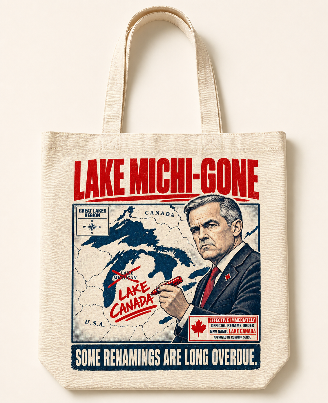 Lake Michi-gone artwork on a natural tote bag.