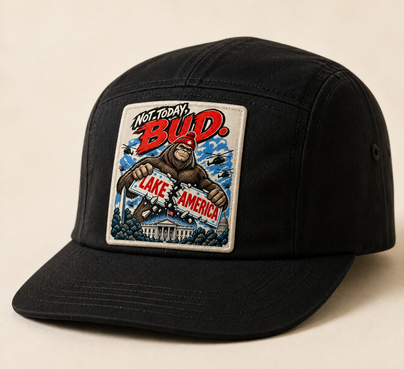 Not Today Bud artwork on a coal hat with a woven front patch.
