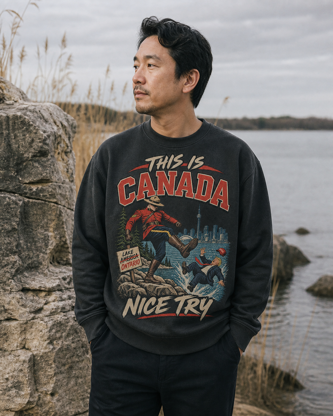 Coal | Model wearing the This is Canada crewneck on the Lake Ontario shore, front view.