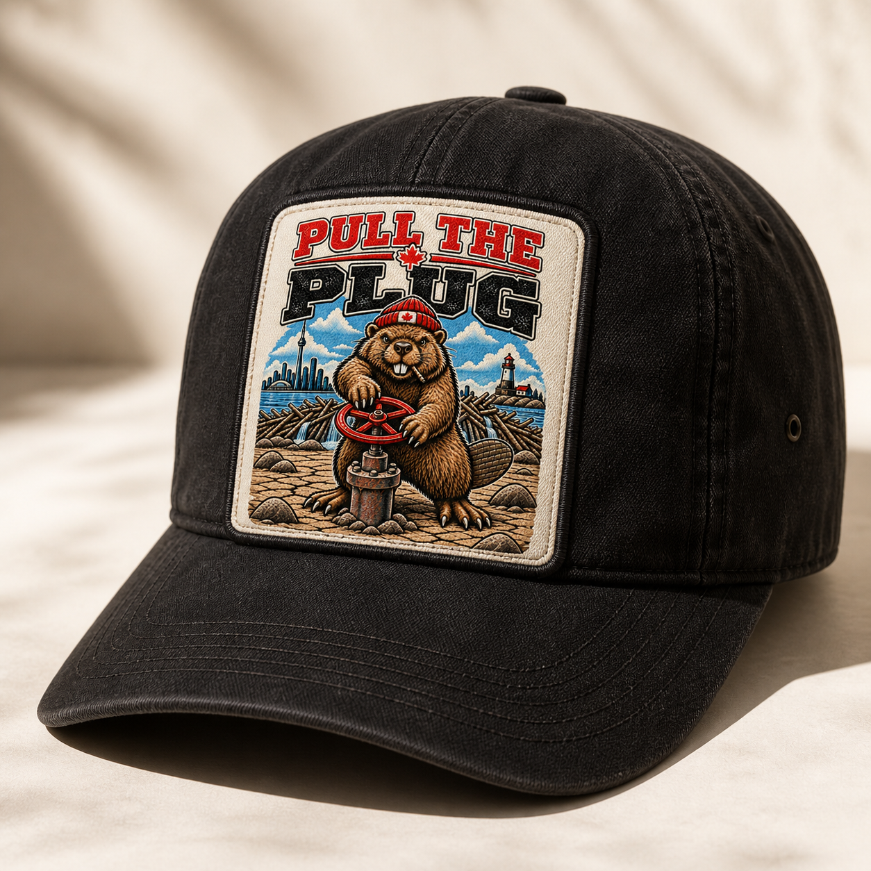 Pull the Plug artwork on a coal hat with a woven front patch.