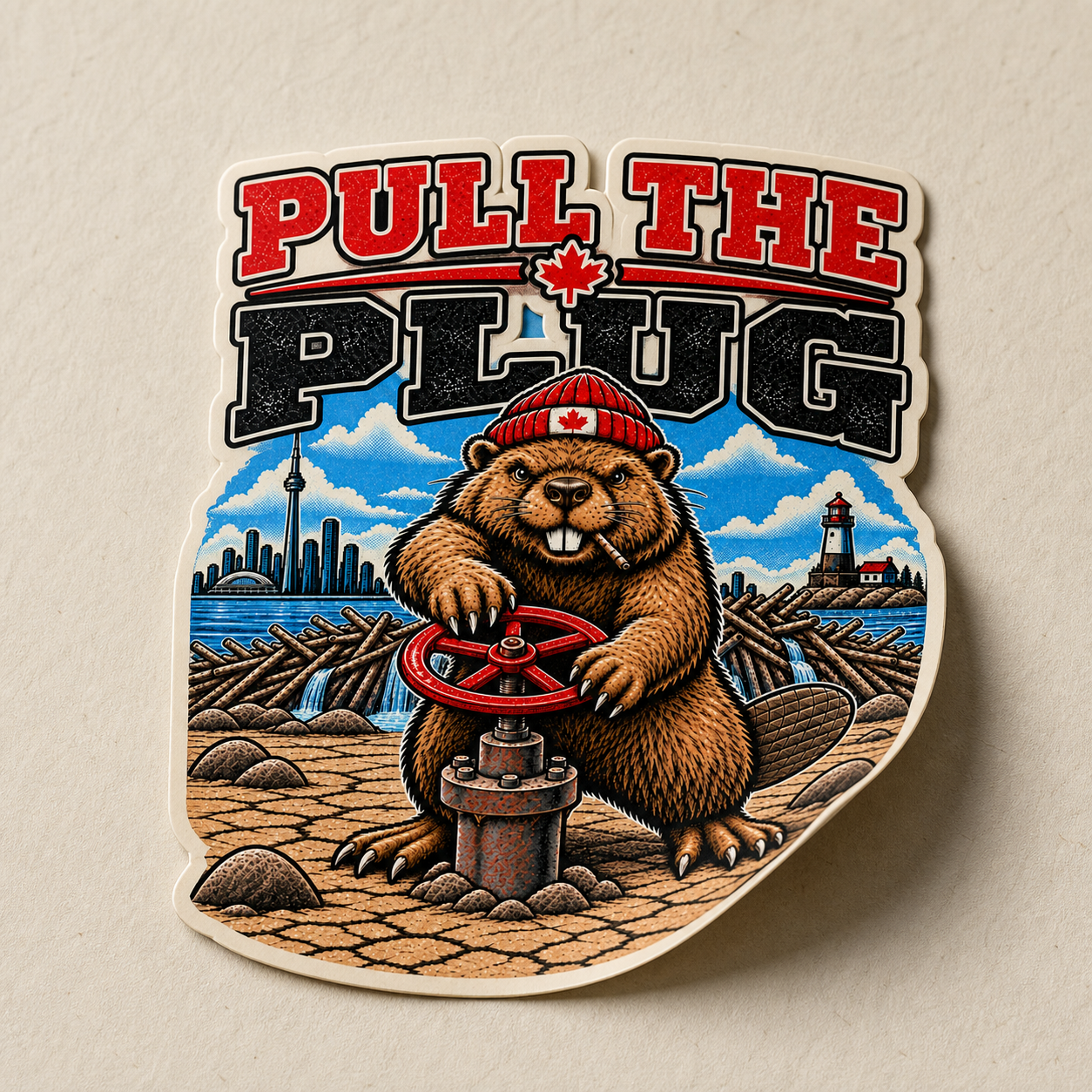 Pull the Plug artwork on a full-colour die-cut sticker.