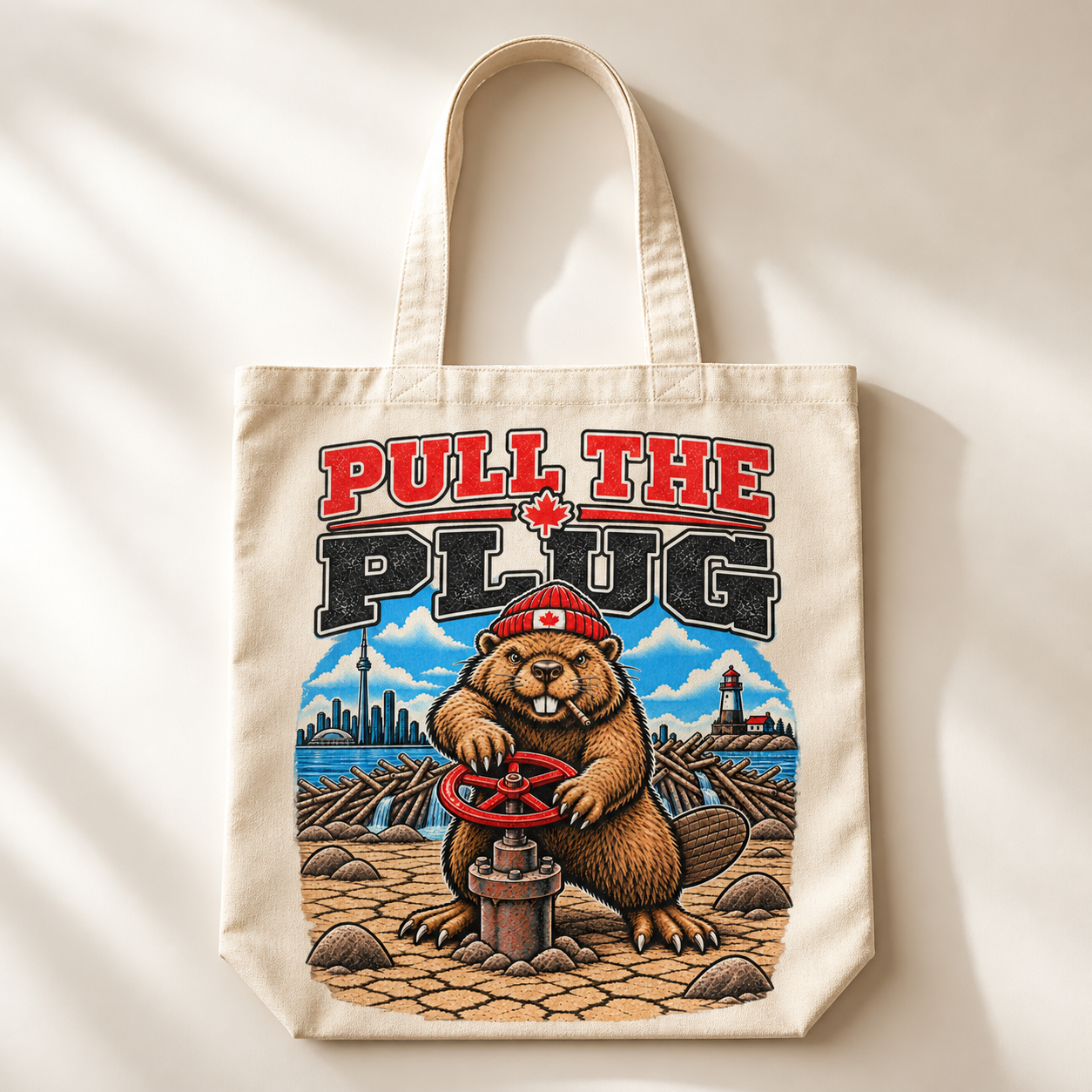 Pull the Plug artwork on a natural tote bag.
