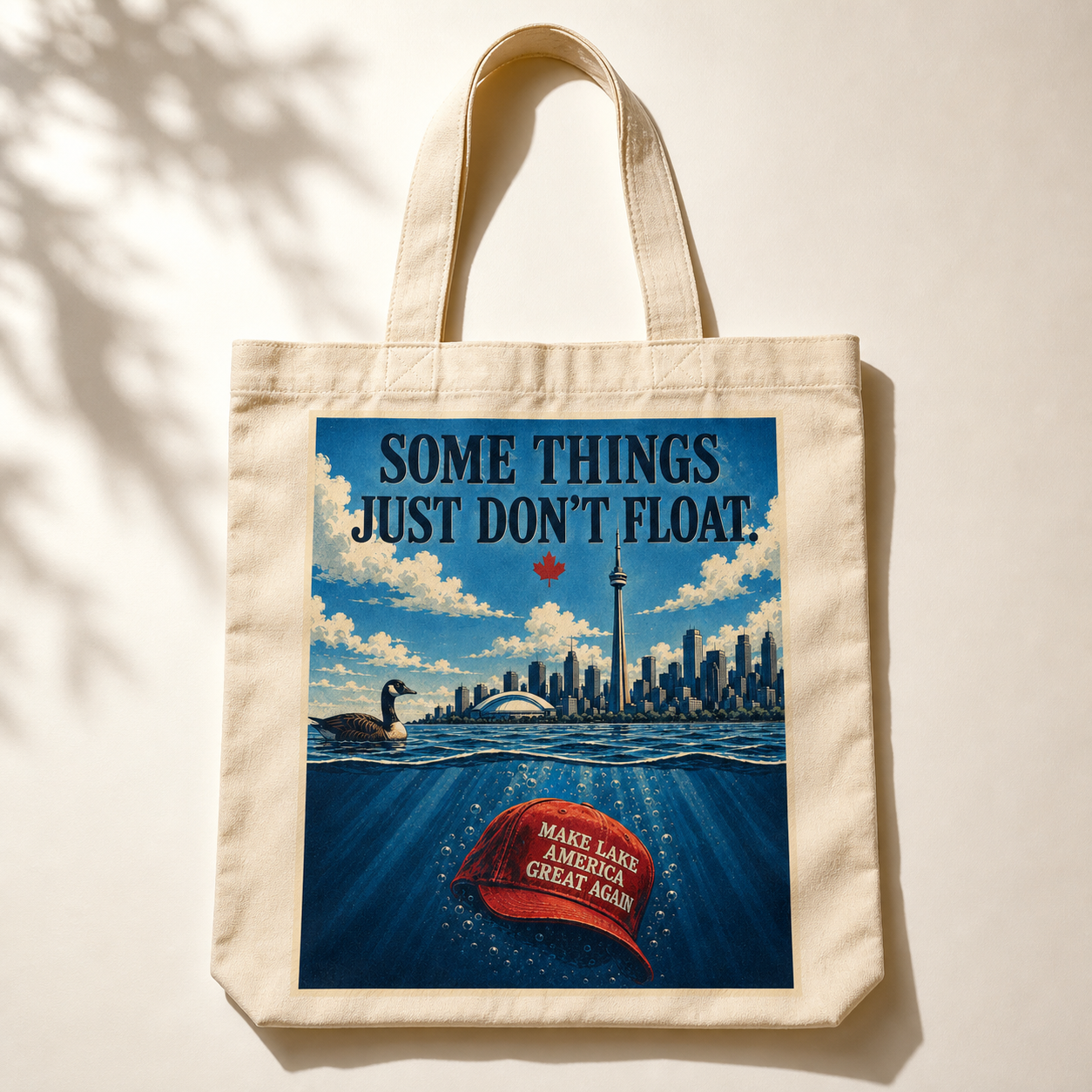 Some Things Just Don't Float artwork on a natural tote bag.