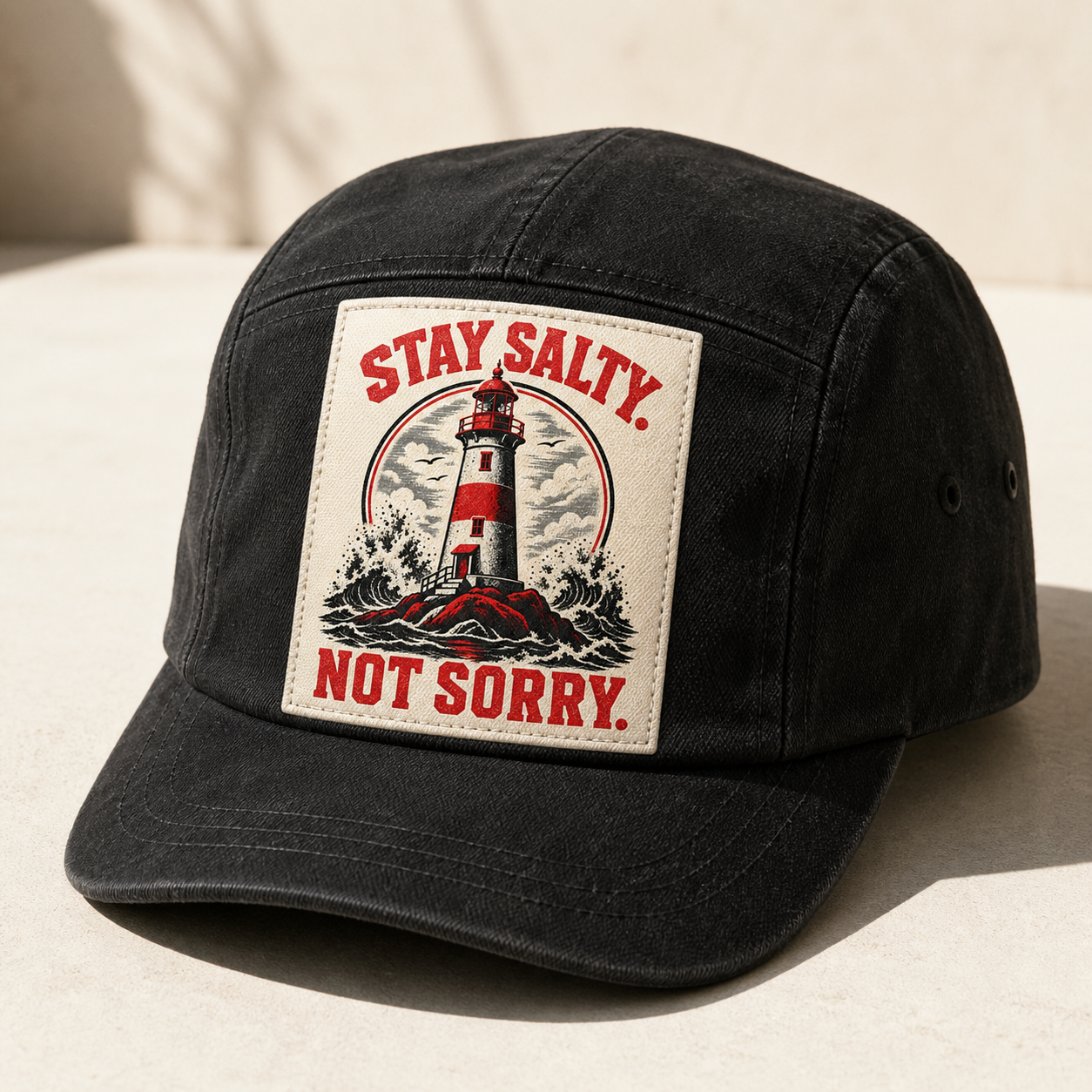 Stay Salty Not Sorry artwork on a coal hat with a woven front patch.