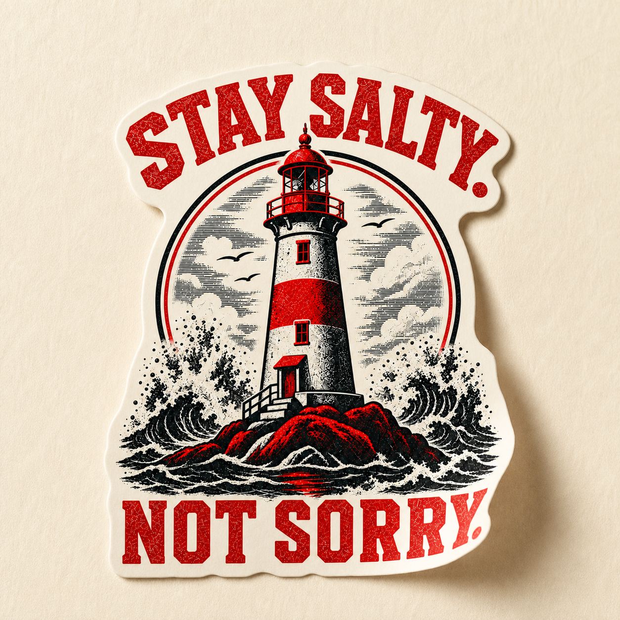 Stay Salty Not Sorry artwork on a full-colour die-cut sticker.