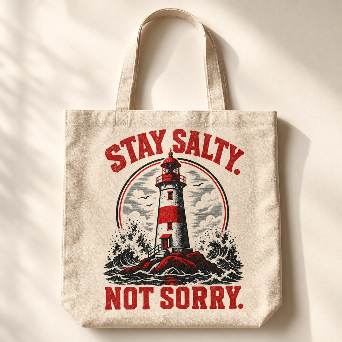 Stay Salty Not Sorry artwork on a natural tote bag.