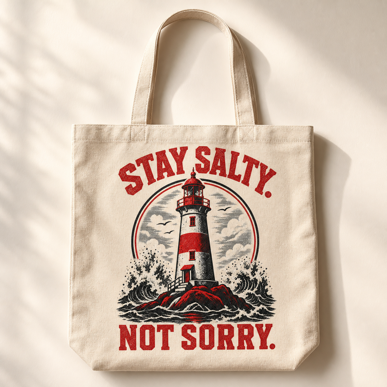 Stay Salty Not Sorry artwork on a natural tote bag.