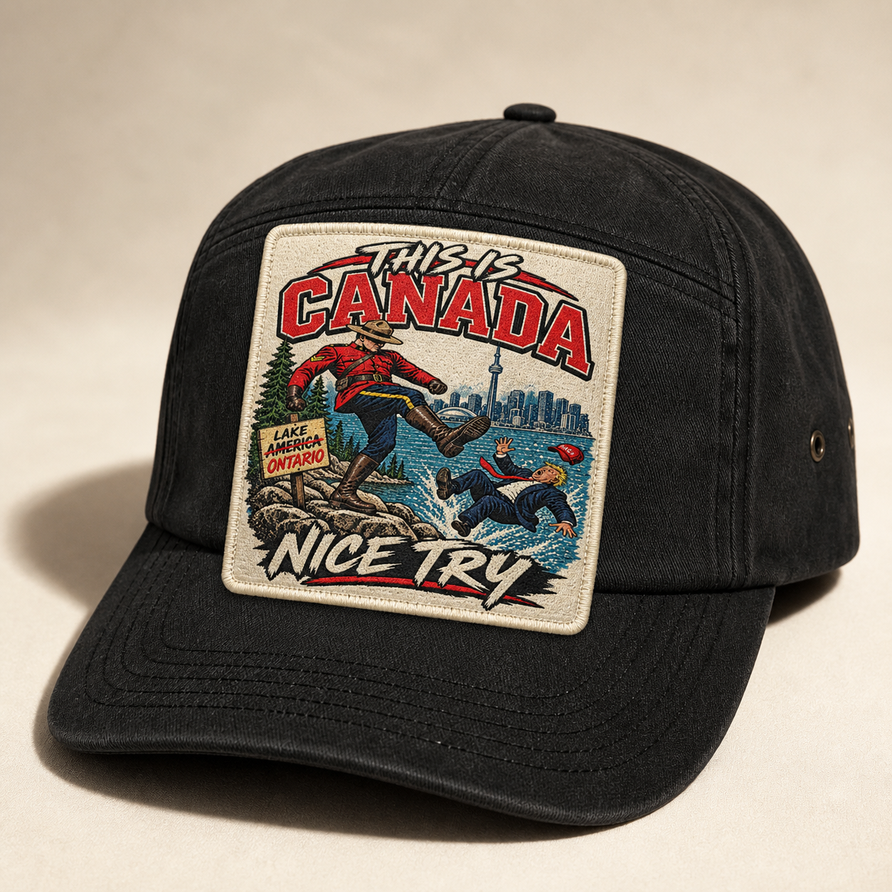 This is Canada artwork on a coal hat with a woven front patch.