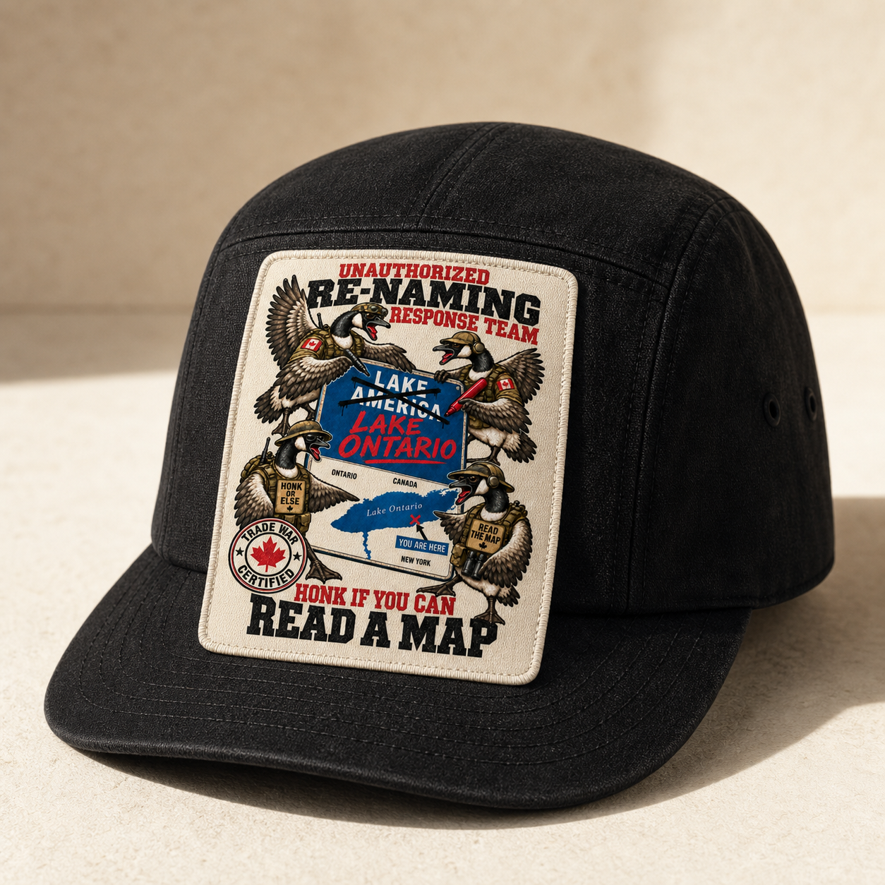 Unauthorized Renaming Response Team artwork on a coal hat with a woven front patch.