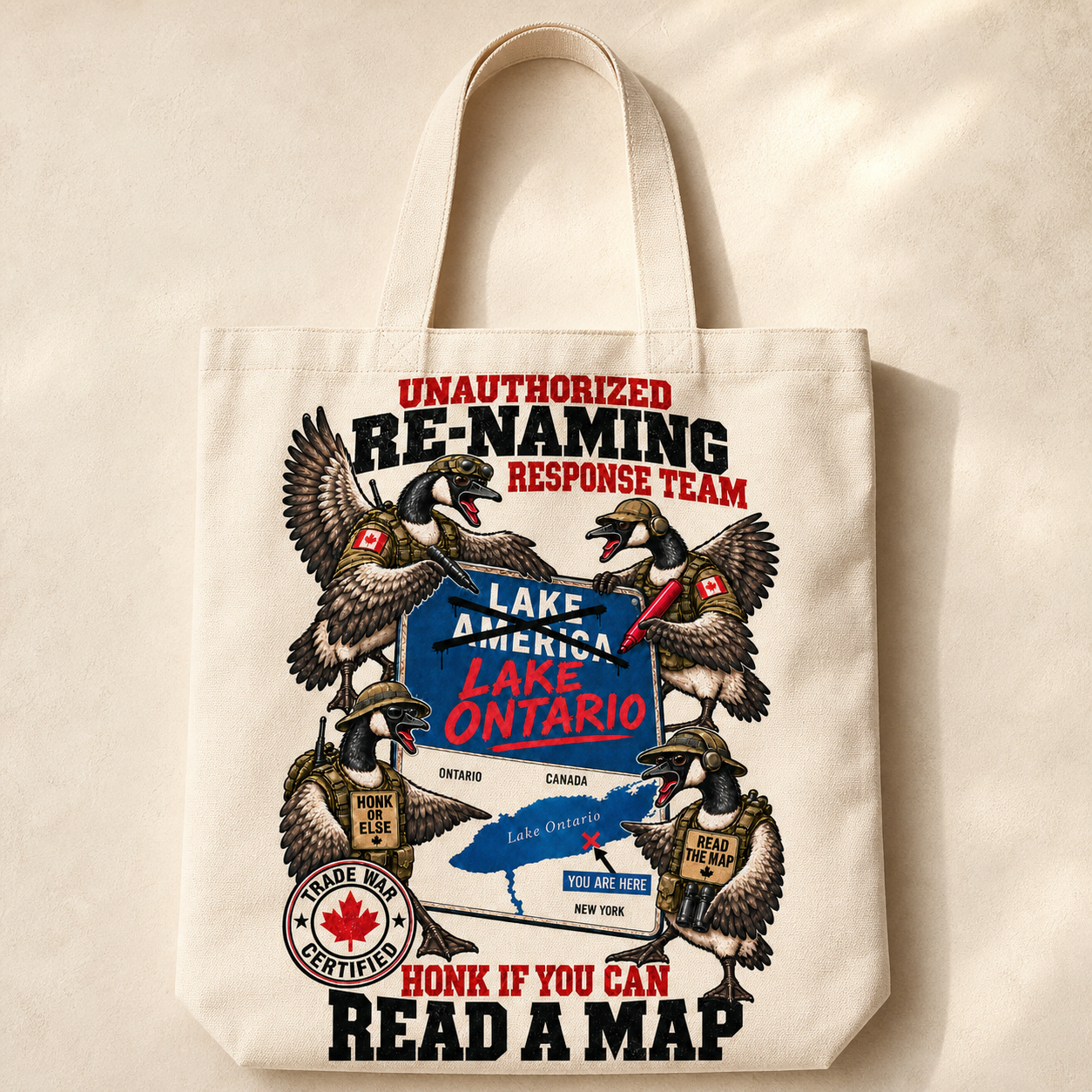 Unauthorized Renaming Response Team artwork on a natural tote bag.